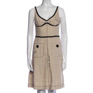 MOSCHINO VINTAGE TAN KAKHI BLACK TRIM Trompe L'oeil LINEN DRESS USA 6 NEUTRAL